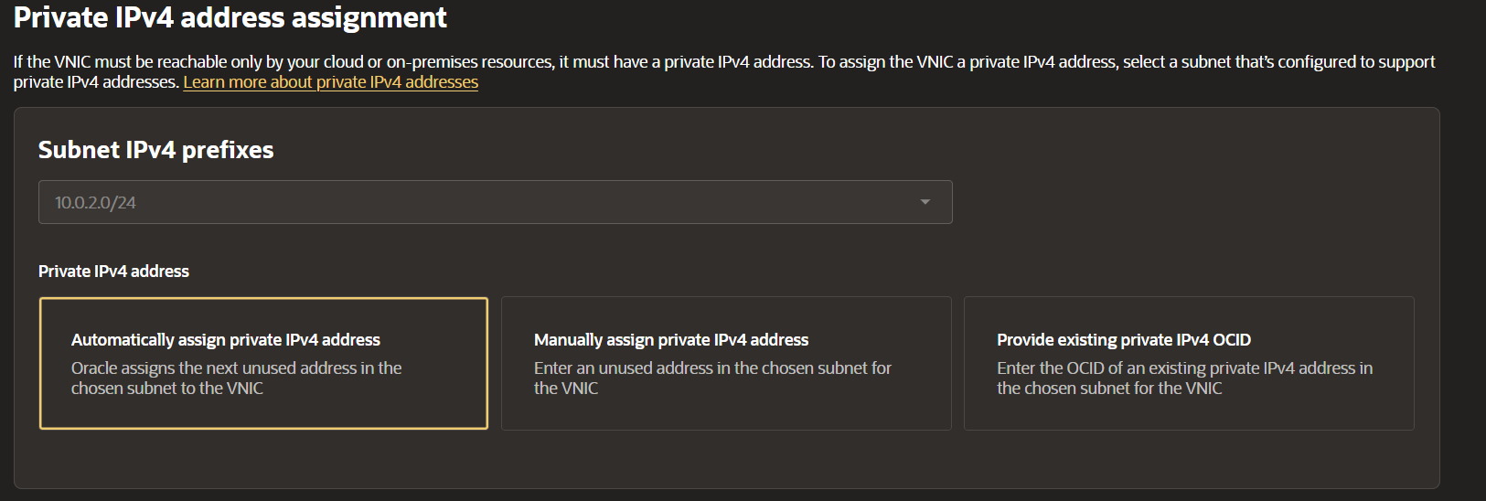 Oracle instance creation showing automatically assign private IPv4 address selected